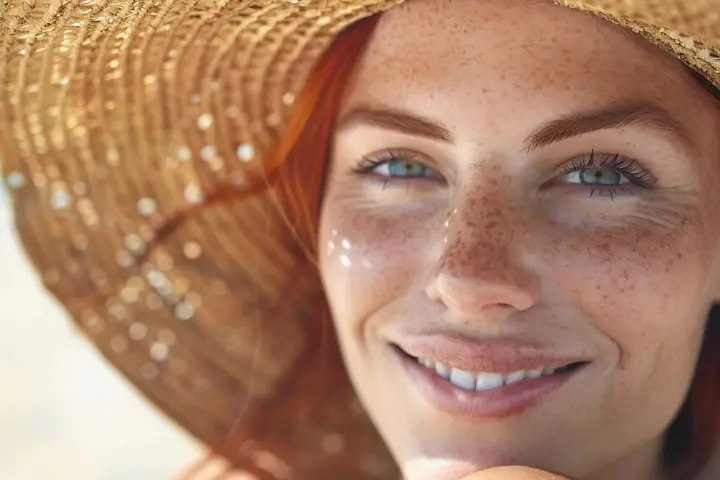 Machas en la piel por el sol: primer plano de una mujer con sombrero para taparse del sol